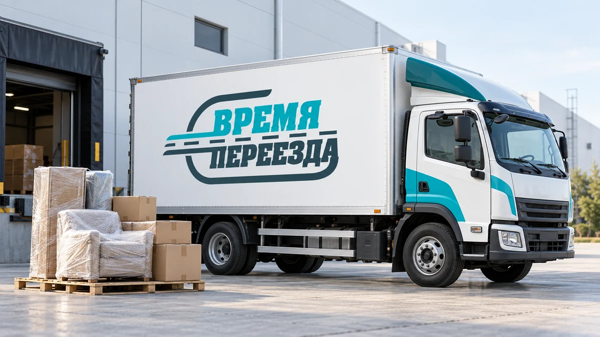 Брендированный грузовой фургон рядом с упакованной мебелью и коробками